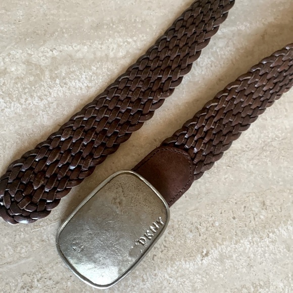 DKNY leather belt, hand-hammered brass monogramed buckle, Brown, woven. P/S EUC 90 main image 2